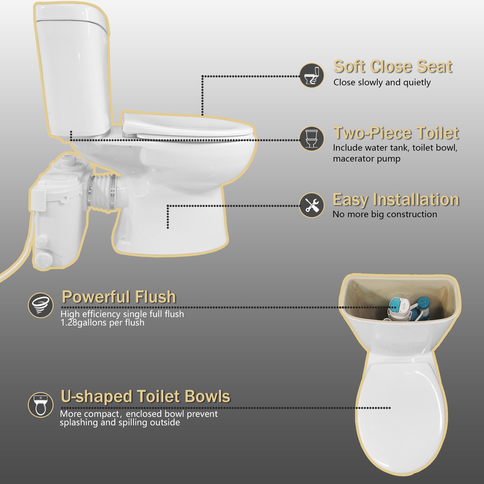 Macerator Toilet with 800W Waste Disposal Upflush Toilet System MY-FLO800 PatioZones